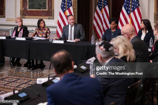 Second gentleman Douglas Emhoff, center, husband of Vice President Kamala Harris, delivers remarks during a roundtable about the rise of antisemitism...