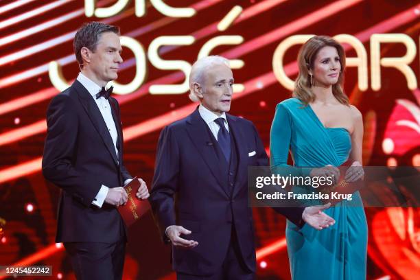 Sven Lorig, Jose Carreras and Mareile Hoeppner during the 28th annual Jose Carreras Gala at Media City Leipzig on December 7, 2022 in Leipzig,...