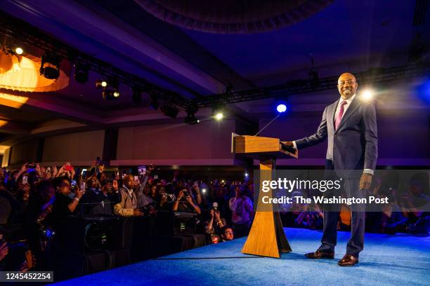 December 6, 2022: Senator Raphael Warnock takes the stage after beating Hershel Walker in the Georgia Run-off election during the Election Night...