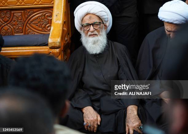 Iraqi Grand Ayatollah Bashir Hussein Najafi attends a religious ceremony to commemorate the death anniversary of Fatima, daughter of Prophet...