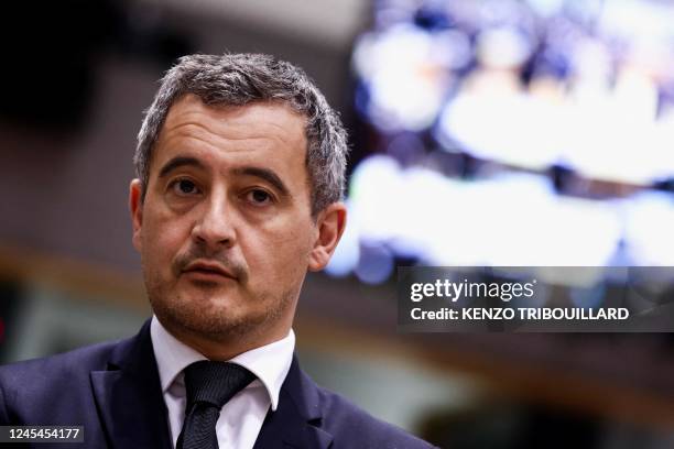 France's Interior Minister Gerald Darmanin arrives for a Justice and Home Affairs Council on Schengen area, asylum and migration at the EU...