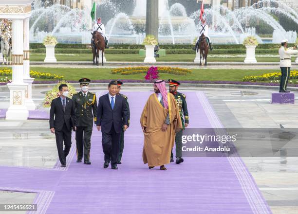 Chinese President, Xi Jinping is welcomed by Crown Prince of Saudi Arabia Mohammed bin Salman Al Saud at the Palace of Yamamah in Riyadh, Saudi...