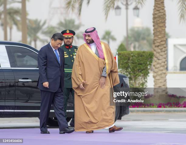 Chinese President, Xi Jinping is welcomed by Crown Prince of Saudi Arabia Mohammed bin Salman Al Saud at the Palace of Yamamah in Riyadh, Saudi...