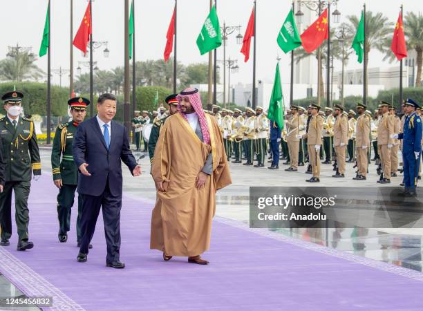 Chinese President, Xi Jinping is welcomed by Crown Prince of Saudi Arabia Mohammed bin Salman Al Saud at the Palace of Yamamah in Riyadh, Saudi...
