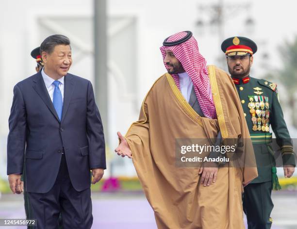 Chinese President, Xi Jinping is welcomed by Crown Prince of Saudi Arabia Mohammed bin Salman Al Saud at the Palace of Yamamah in Riyadh, Saudi...