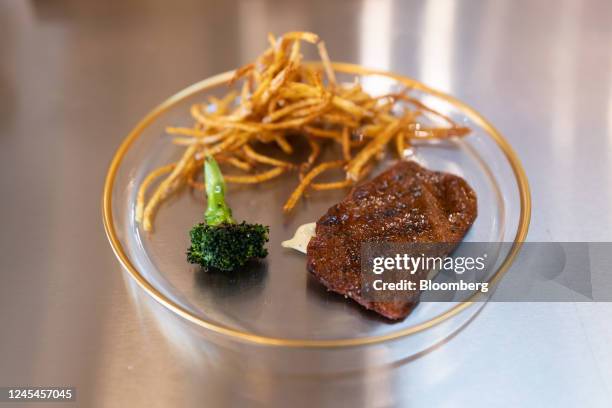 Dish of grilled cultivated thin-cut steak with black pepper sabayon, charred broccoli and shoestring fries is served in the Aleph Farms Ltd....