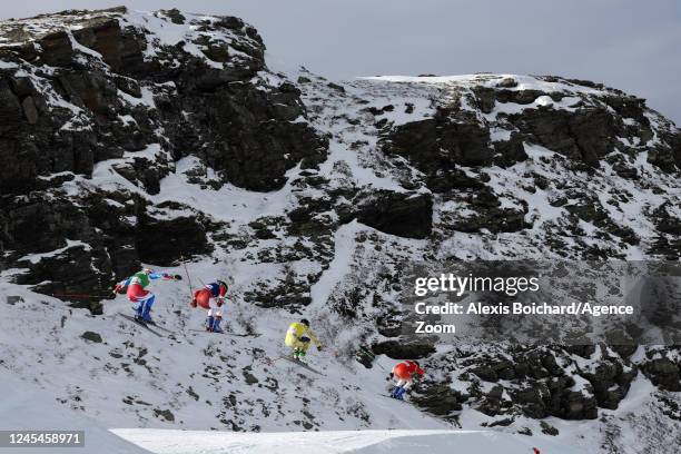 Jonas Lenherr of Team Switzerland, Tobias Mueller of Team Germany, Bastien Midol of Team France in action during the FIS Freestyle Ski World Cup...