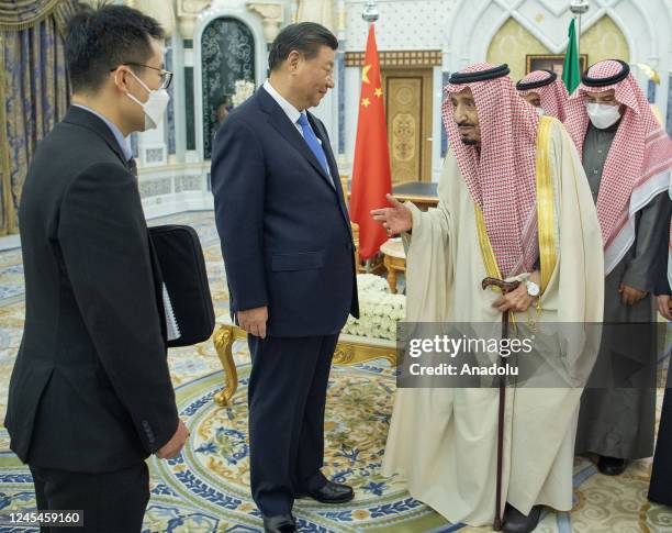 Chinese President, Xi Jinping is welcomed by King of Saudi Arabia Salman bin Abdulaziz at the Palace of Yamamah in Riyadh, Saudi Arabia on December...