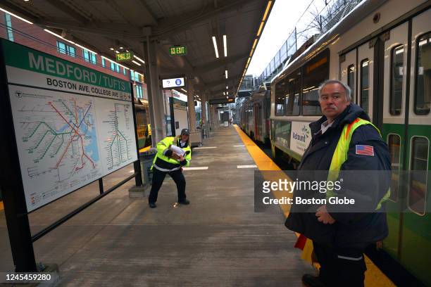 Cambridge, MA T employees at the Medford/Tufts new Green Line station had MBTA employees doing some checks before opening day. The MBTA ran test...