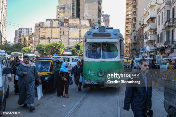 Tram travels down a street in Alexandria, Egypt, on Tuesday, Dec. 6, 2022. Annual inflation in urban parts of Egypt accelerated at its fastest pace...