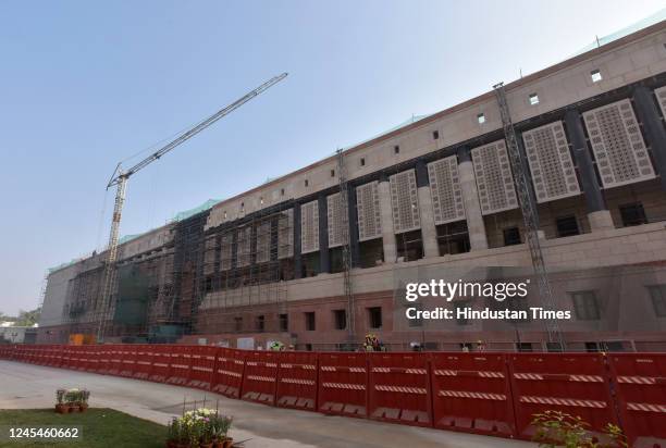 View of Parliament House and new building of Parliament construction in full swing, on December 8, 2022 in New Delhi, India. Parliament passed the...