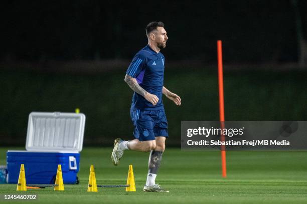 Lionel Messi of Argentina during a training session on match day -1 at Qatar University on December 8, 2022 in Doha, Qatar.