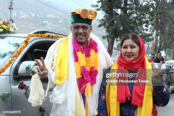 Lahaul Spiti Congress candidate Ravi Thakur celebrating his supporters after winning in Himachal Pradesh state elections, on December 8, 2022 in...