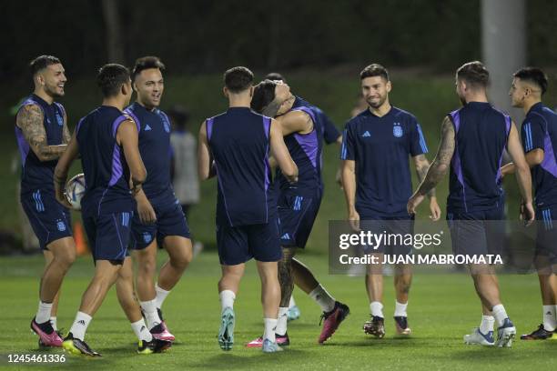 Argentina players take part in a training session at Qatar University in Doha on December 8 on the eve of the Qatar 2022 World Cup quarter-final...