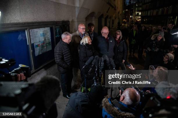 Harry Dunn's stepfather Bruce Charles, mother Charlotte Charles, family spokesman Radd Seiger and father Tim Dunn speak to media after the sentencing...