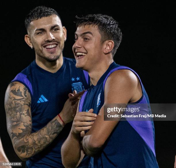 Paulo Dybala and Leandro Paredes of Argentina during a training session on match day -1 at Qatar University on December 8, 2022 in Doha, Qatar.