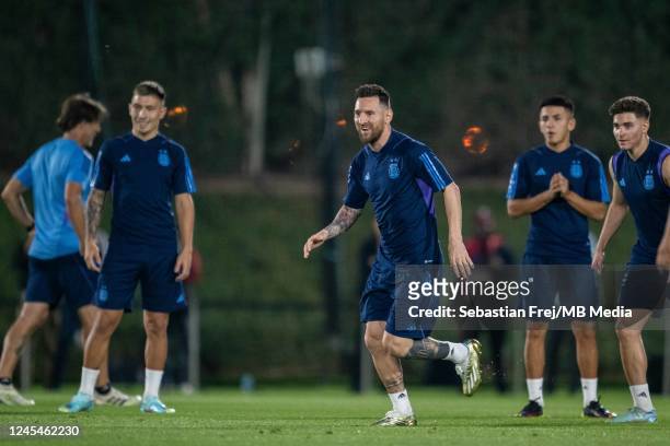 Lionel Messi of Argentina during a training session on match day -1 at Qatar University on December 8, 2022 in Doha, Qatar.
