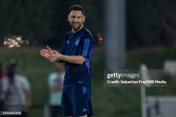 Lionel Messi of Argentina during a training session on match day -1 at Qatar University on December 8, 2022 in Doha, Qatar.