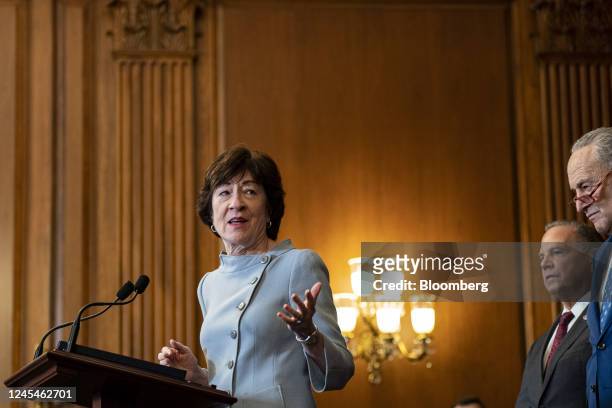 Senator Susan Collins, a Republican from Maine, speaks during a bill enrollment ceremony for H.R. 8408, the Respect for Marriage Act, at the US...