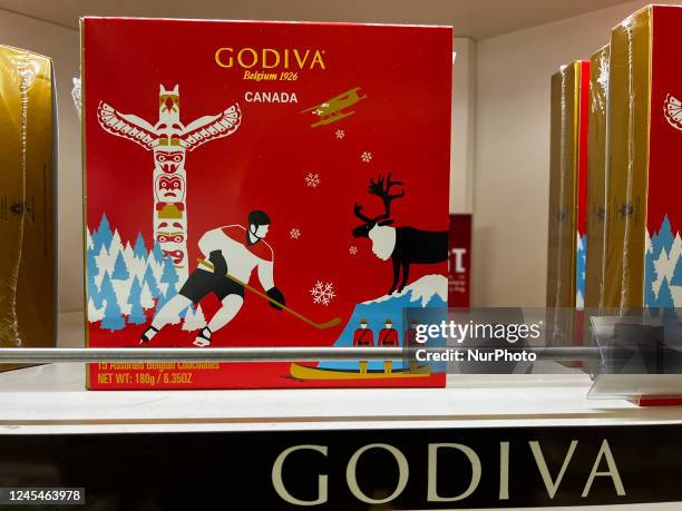 Canadian themed box of Godiva chocolates at the Duty Free shop at Toronto Pearson International Airport in Mississauga, Ontario, Canada, on May 02,...