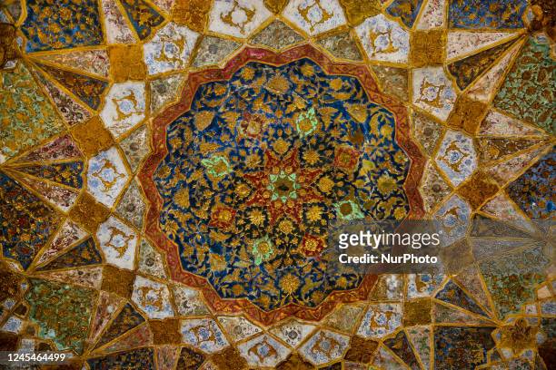 Detail of the ceiling of the mausoleum of Itmad-ud-Daulah's tomb in Agra, Uttar Pradesh, India, on May 04, 2022. The Tomb of Itimad-ud-Daulah was...