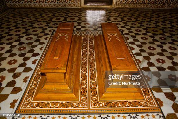 Tombs of Mirza Ghiyas Beg and Asmat Begum inside the mausoleum of Itmad-ud-Daulah's tomb in Agra, Uttar Pradesh, India, on May 04, 2022. The Tomb of...