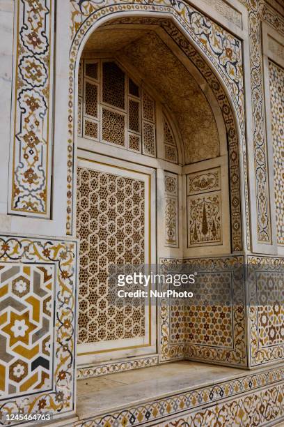 Detail of a niche adorning the mausoleum of Itmad-ud-Daulah's tomb in Agra, Uttar Pradesh, India, on May 04, 2022. The Tomb of Itimad-ud-Daulah was...