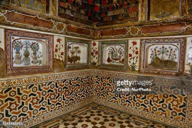 Interior of the mausoleum of Itmad-ud-Daulah's tomb decorated with images of vases, vegetal and geometric patterns in Agra, Uttar Pradesh, India, on...