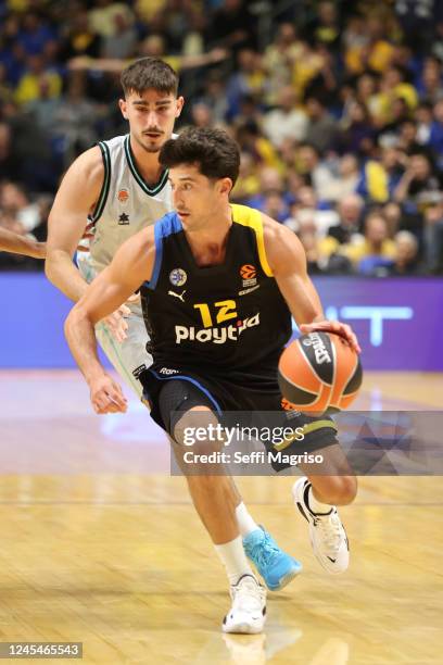 John DiBartolomeo, #12 of Maccabi Playtika Tel Aviv in action during the 2022-23 Turkish Airlines EuroLeague Regular Season Round 12 game between...