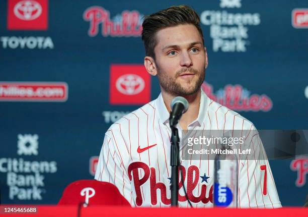 Trea Turner of the Philadelphia Phillies speaks to the media during his introductory press conference at Citizens Bank Park on December 8, 2022 in...