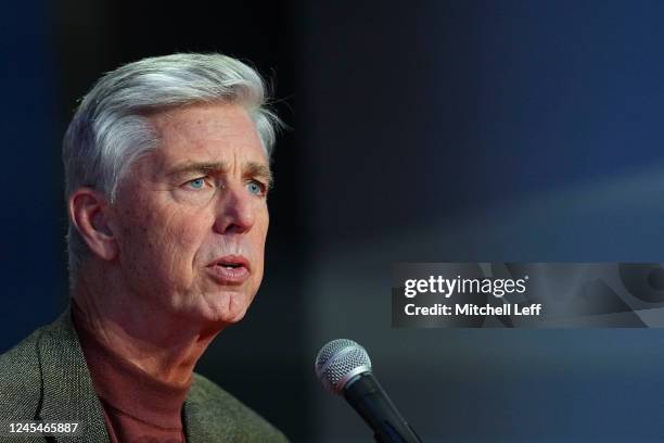 President of baseball operations Dave Dombrowski of the Philadelphia Phillies talks to the media during the introductory press conference for Trea...