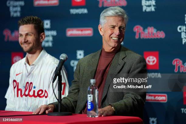 Trea Turner of the Philadelphia Phillies and president of baseball operations Dave Dombrowski smile during their press conference at Citizens Bank...