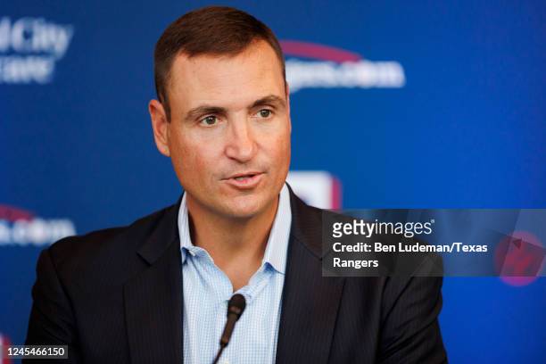 General Manager Chris Young of the Texas Rangers addresses the media at an introductory press conference at Globe Life Field on December 8, 2022 in...