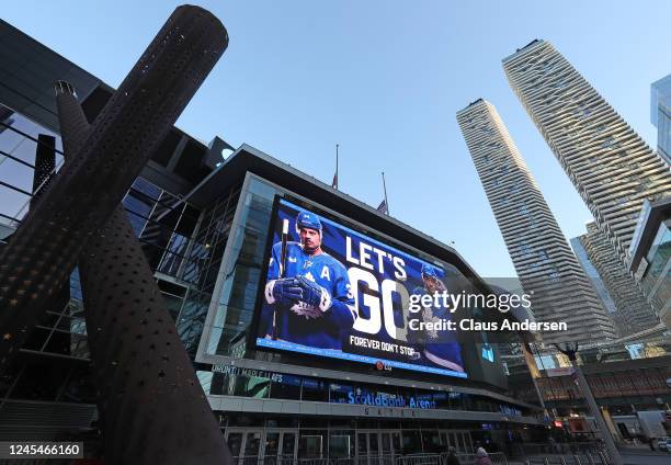 General view of the exterior of Scotiabank Arena prior to action between the Los Angeles Kings and the Toronto Maple Leafs in an NHL game at...