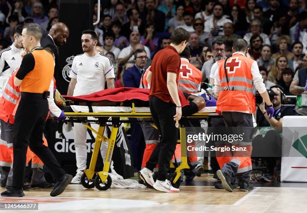 Jordan Loyd, #3 of AS Monaco injured is carried on a stretcher the 2022-23 Turkish Airlines EuroLeague Regular Season Round 12 game between Real...