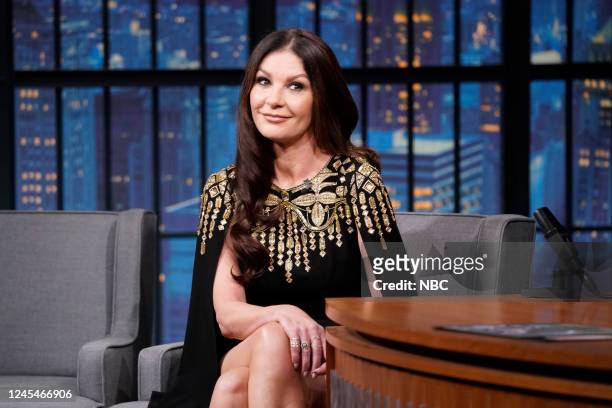 Episode 1365 -- Pictured: Actress Catherine Zeta-Jones during an interview with host Seth Meyers on December 8, 2022 --