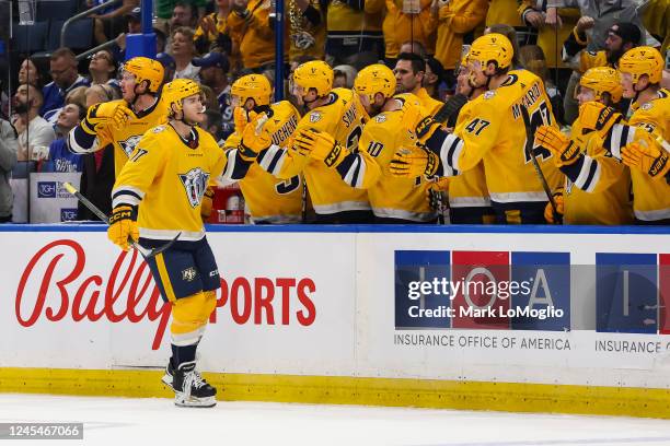 Mark Jankowski of the Nashville Predators celebrates a goal against the Tampa Bay Lightning during the first period at Amalie Arena on December 8,...