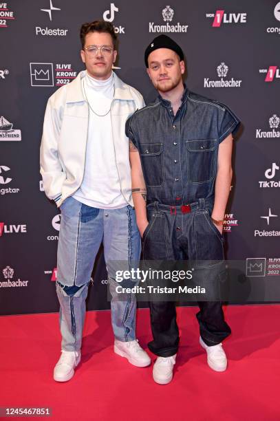 Tobias Bogdon and Gregor Sahm of the music duo YouNotUs attend the 1Live Krone 2022 at Jahrhunderthalle on December 8, 2022 in Bochum, Germany.