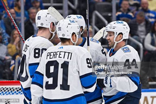 Winnipeg Jets players celebrate a goal by Winnipeg Jets left wing Pierre-Luc Dubois during a game between the Winnipeg Jets and the St. Louis Blues...