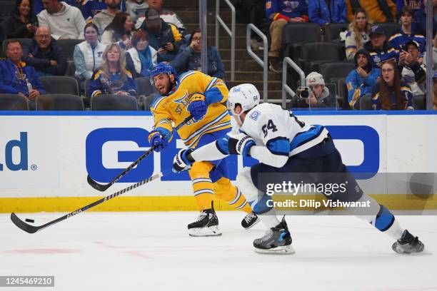 Josh Leivo of the St. Louis Blues shoots the puck against the Winnipeg Jets in the third period at Enterprise Center on December 8, 2022 in St Louis,...