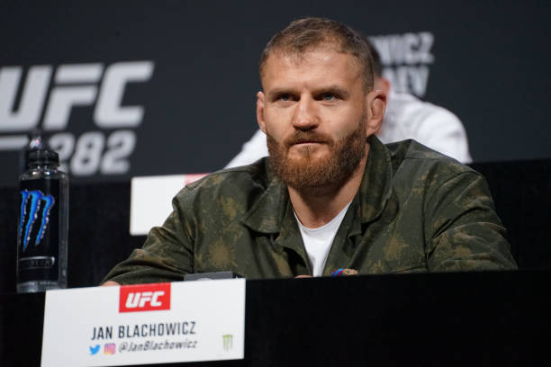 Jan Blachowicz speaks at the UFC 282 pre-fight press conference on December 8 at the MGM Garden Grand Arena in Las Vegas, NV.