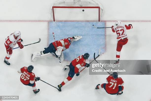 Goaltender Sergei Bobrovsky of the Florida Panthers divestothe left as Jonatan Berggren of the Detroit Red Wings scores a second period goal at the...