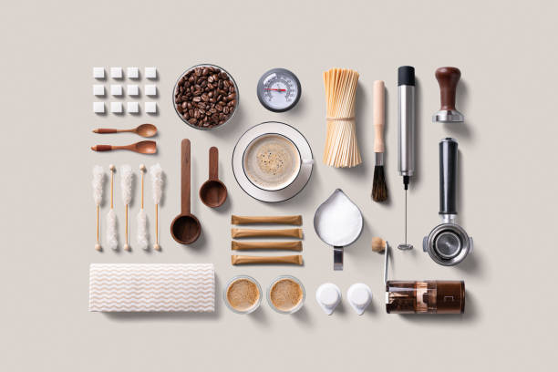 espresso coffee supplies knolling flat lay - coffee grinders stock pictures, royalty-free photos & images