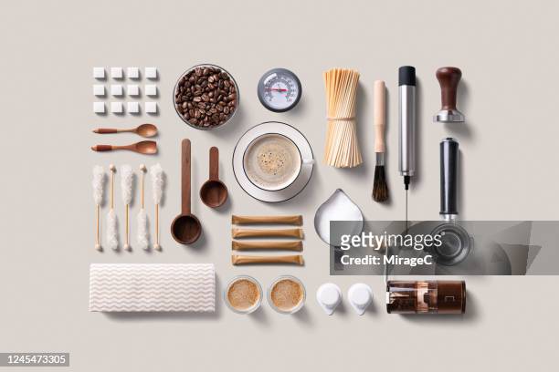 espresso coffee supplies knolling flat lay - arrangement stock pictures, royalty-free photos & images