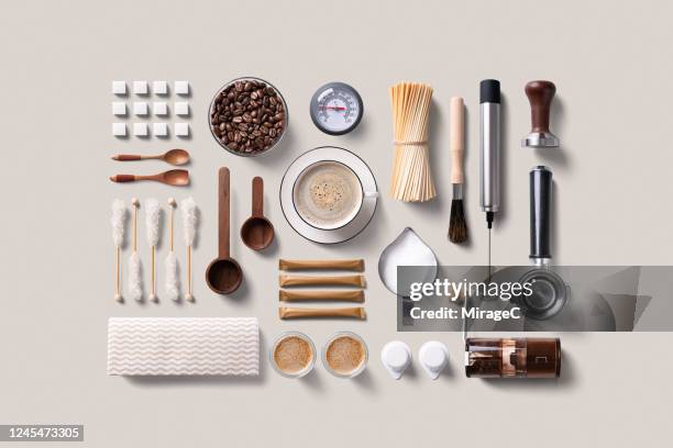 espresso coffee supplies knolling flat lay - kökstillbehör bildbanksfoton och bilder