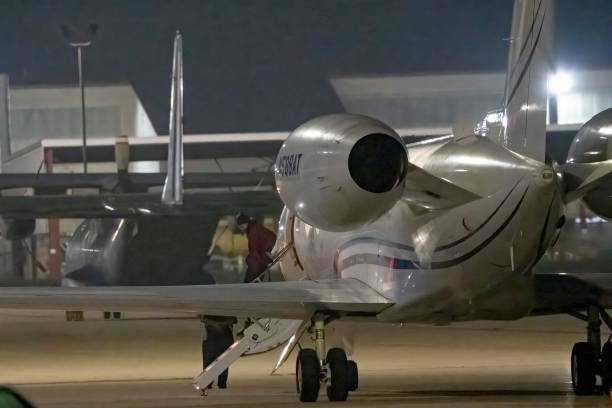 American basketball star Brittney Griner steps out of a plane after landing at JBSA-Kelly Field Annex on December 9, 2022 in San Antonio,...