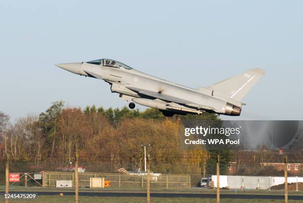 Typhoon takes off from RAF Coningsby in Linconshire during a visit by Prime Minister Rishi Sunak following the announcement that Britain will work to...