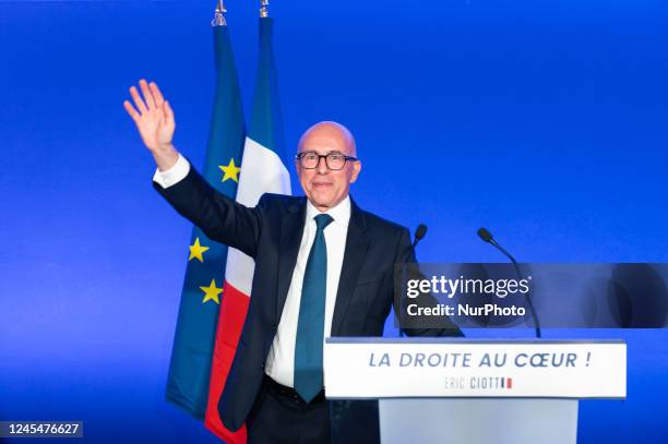 French LR party presidency candidate Eric Ciotti adresses a speech at the Les Republicains party headquarters in Paris on December 8 for a public...