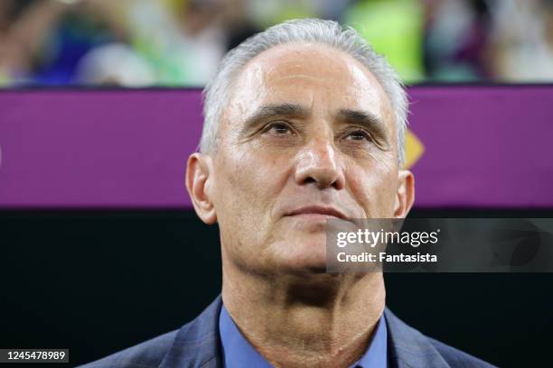 Brazil Manager Tite looks on prior to the FIFA World Cup Qatar 2022 quarter final match between Croatia and Brazil at Education City Stadium on...