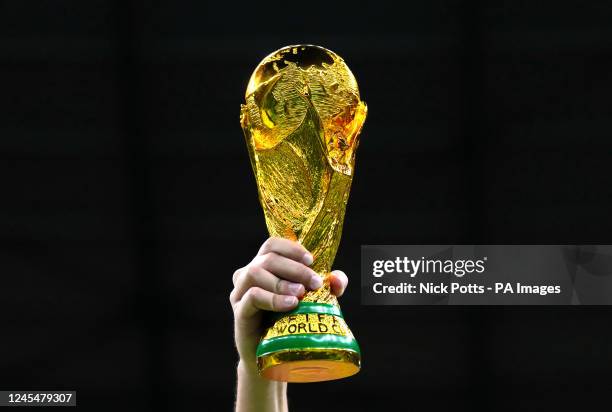 Fan in the stands holds aloft a replica World Cup trophy during the FIFA World Cup Quarter-Final match at the Education City Stadium in Al Rayyan,...